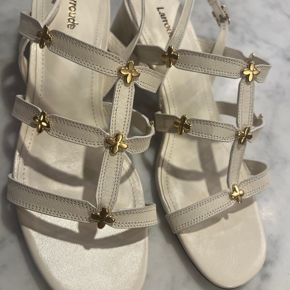 Larroudé Harmony Block Heel Sandals White w/ Gold Sz 9 - Picture 4 of 16